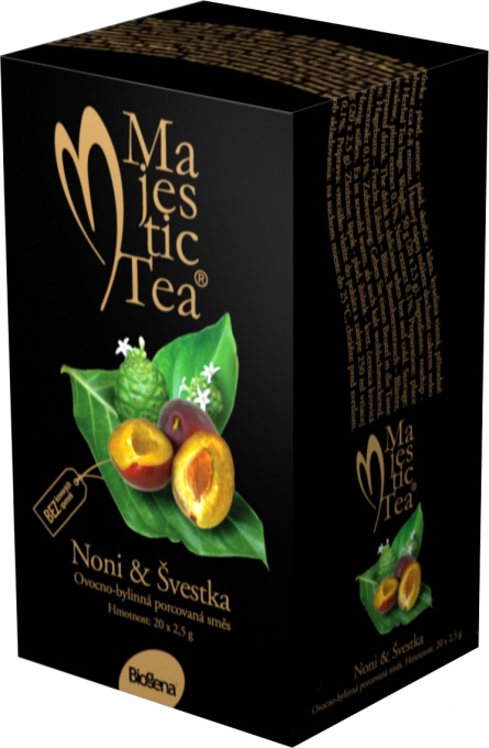 Lahodný ovocno - bylinný čaj plný chuti zo zmesi sladkých sliviek a exotického noni.     Bez konzervačných látok a farbív, bez kofeínu. 