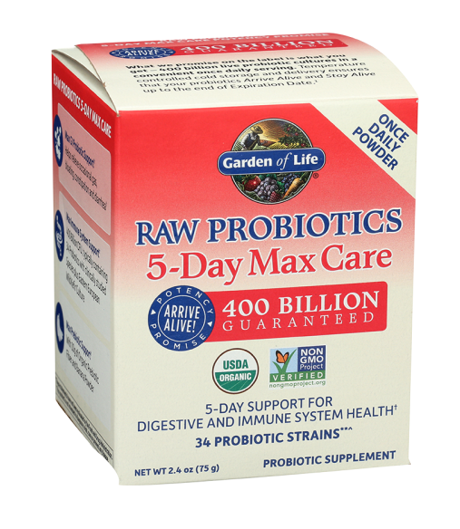 Raw Organic Probiotics 5-Day Max Care - 5 denná starostlivosť - 400 miliard CFU -75g prášku s príchuťou banánu.  Rýchly prehľad: ...