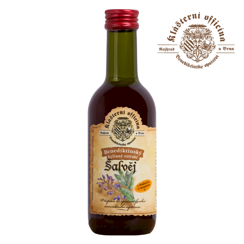 Šalviový sirup 250ml Benediktínsky bylinný extrakt zo šalvie lekárskej vo forme sirupu prispieva k normálnej funkcii dýchania, trávenia a odolnosti organizmu...