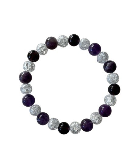 Magický náramok Ochrany a spirituality z ametystu a krištáľu.Náramok je z guličiek Ametystu, Ruženínu a nalaserovaného horského...